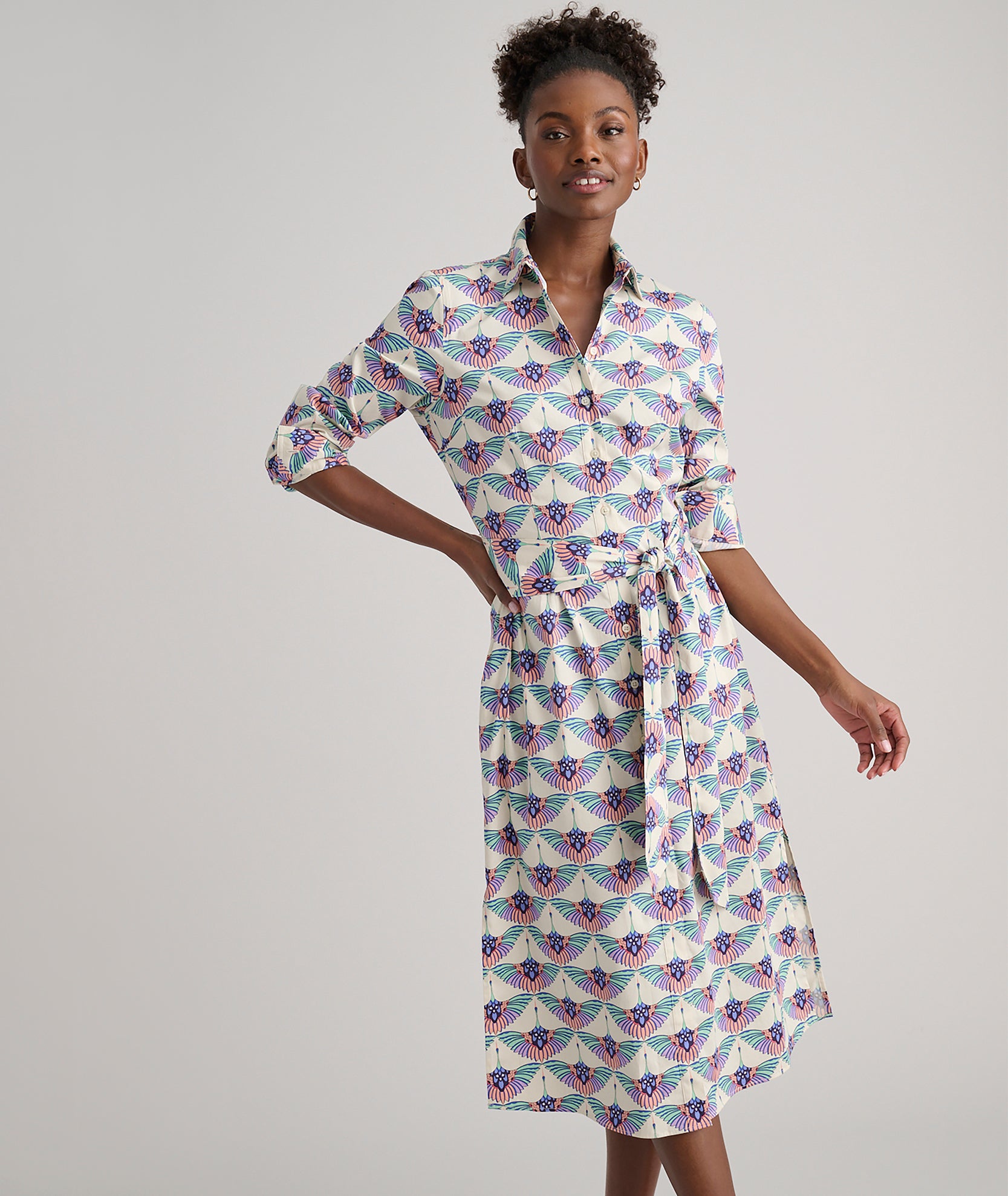 long printed shirt dress Stretch Cotton Midi Peyton Shirtdress Swan Print
