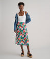 Model is wearing UNTUCKit pippa skirt in printed floral.