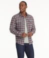 Model is wearing UNTUCKit Brushed Overshirt in Gray & Maroon Check.