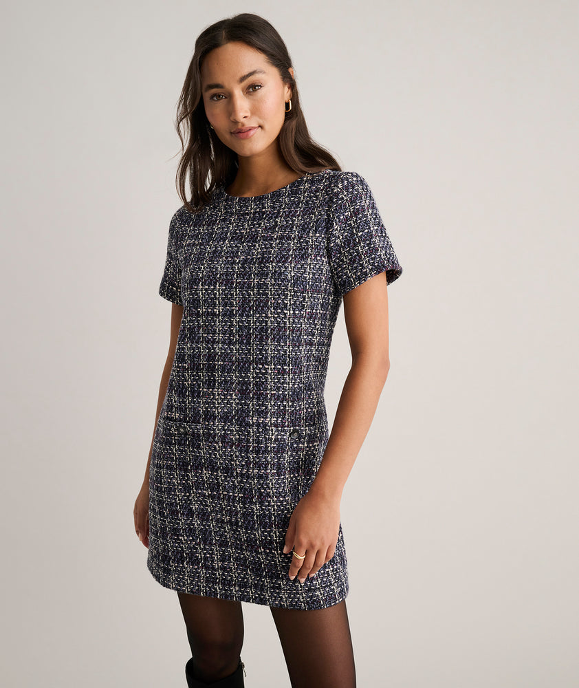 Model is wearing UNTUCKit Tweed Ravenna Shift Dress.