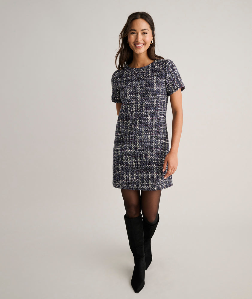 Model is wearing UNTUCKit Tweed Ravenna Shift Dress.