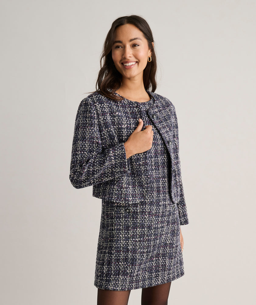 Model is wearing UNTUCKit Tweed Ravenna Shift Dress.