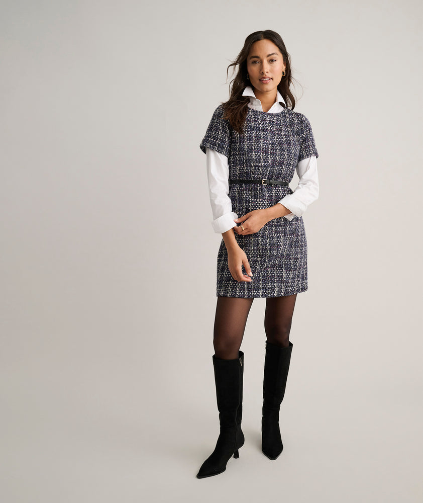 Model is wearing UNTUCKit Tweed Ravenna Shift Dress.