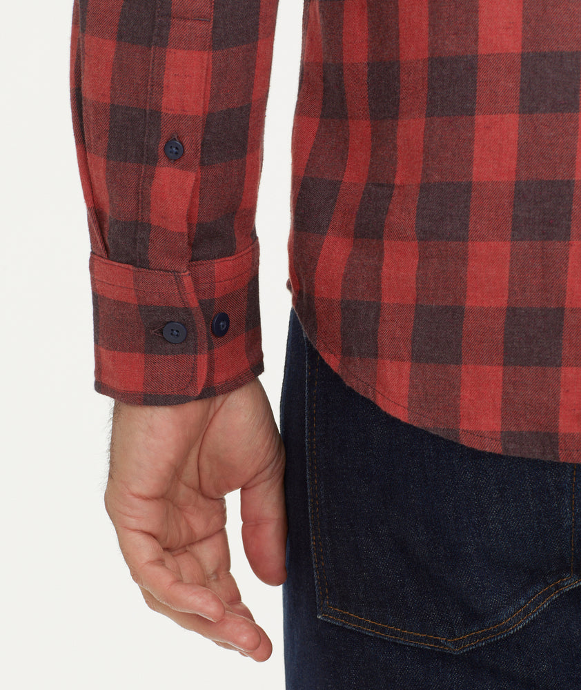 Model is wearing UNTUCKit red and burgundy buffalo check flannel.