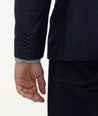 Model is wearing UNTUCKit Italian Wool Reims Sport Coat in Navy With Green Windowpane.