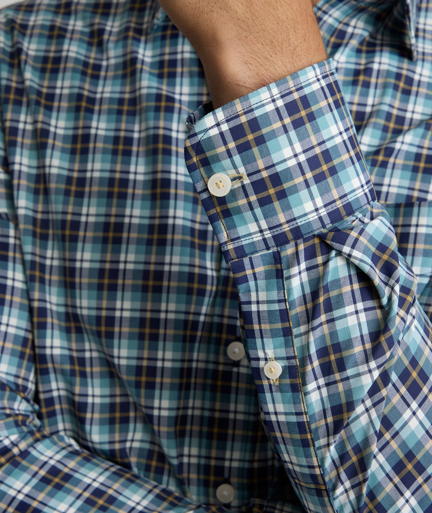 Model is wearing UNTUCKit Reiner performance shirt. 