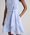 Model is wearing UNTUCKit Roxanne blue stripped dress. 