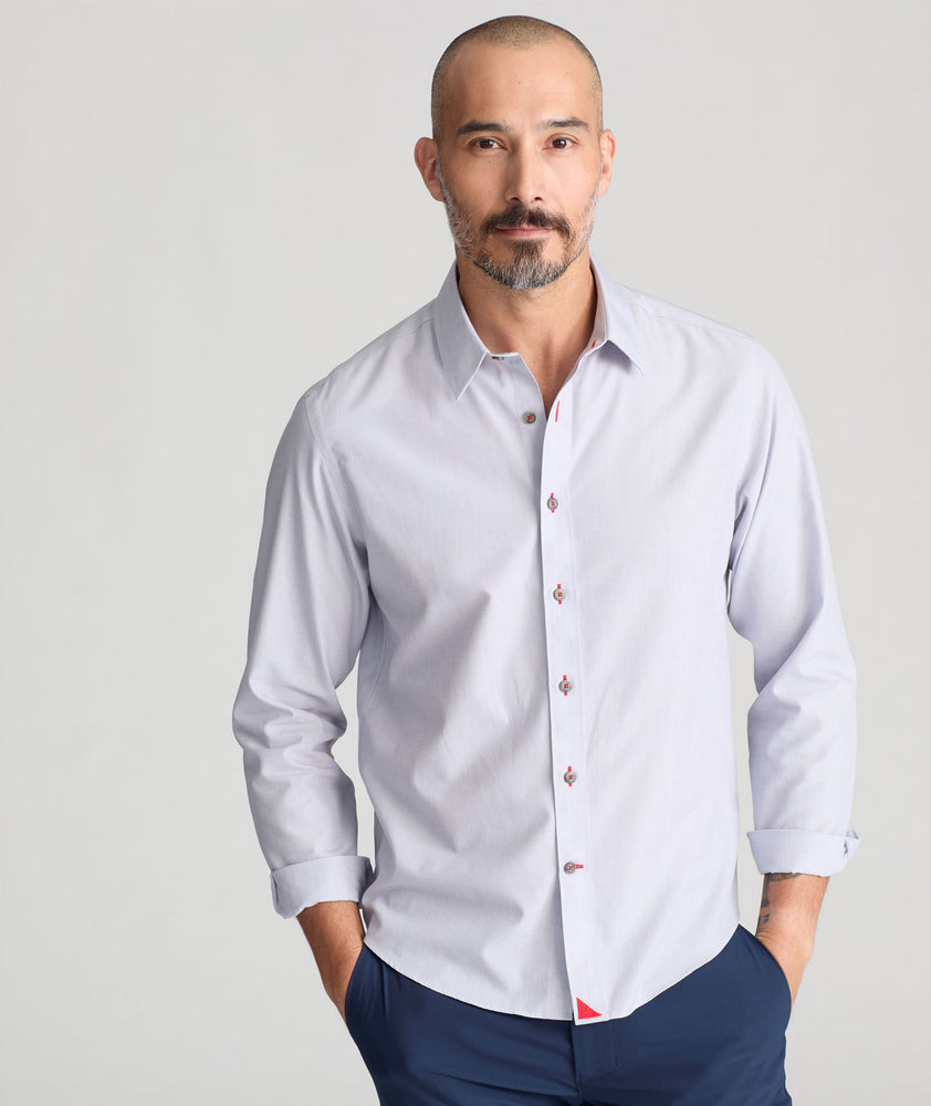 Model wearing a Grey Wrinkle-Free Rubican Shirt