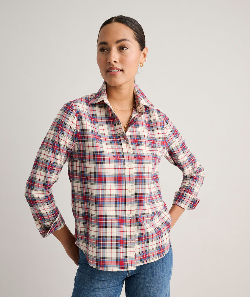 Model is wearing UNTUCKit Cotton Plaid Sadie Shirt.