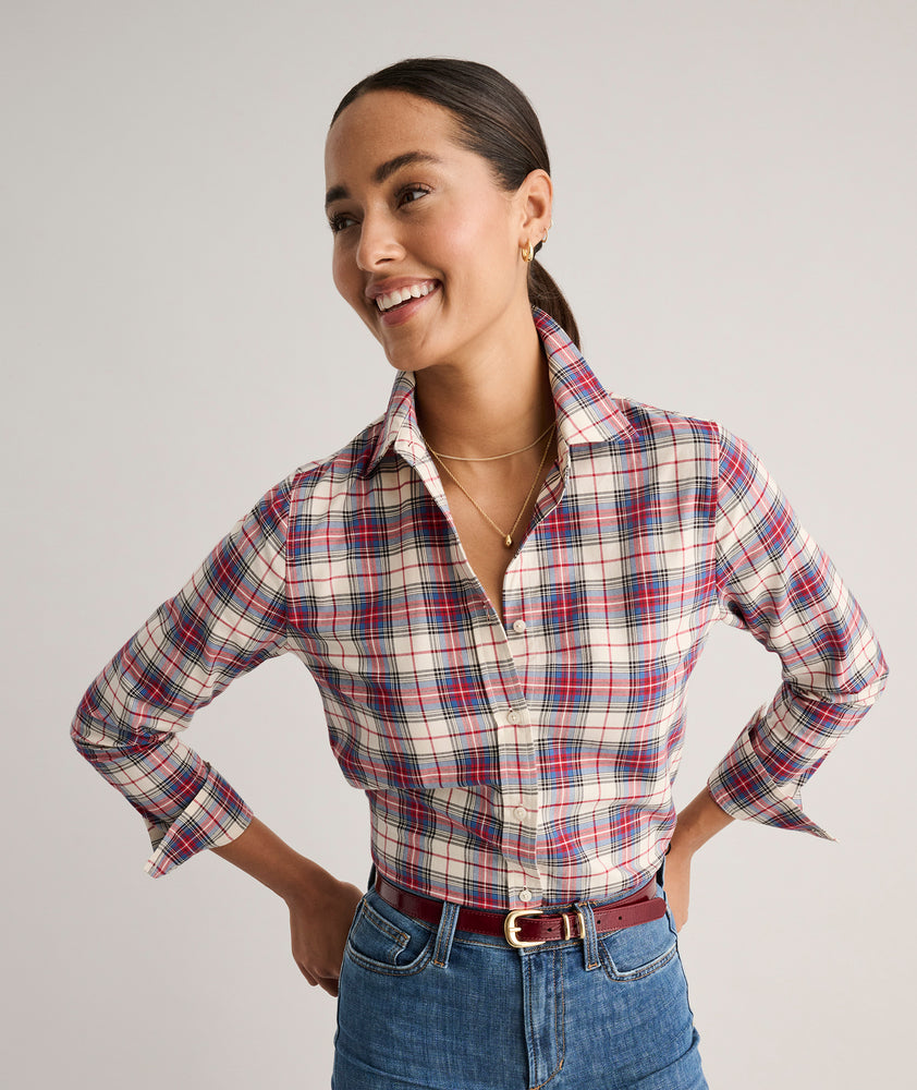Model is wearing UNTUCKit Cotton Plaid Sadie Shirt.