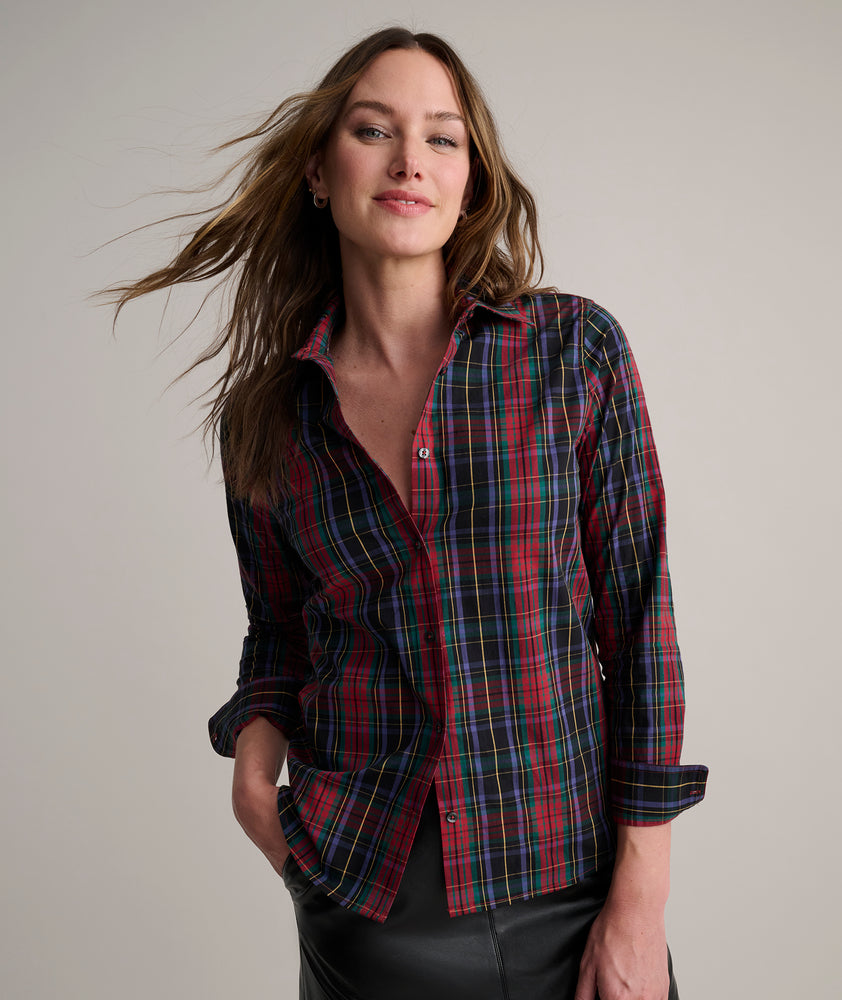Model is wearing UNTUCKit Sadie plaid shirt. 