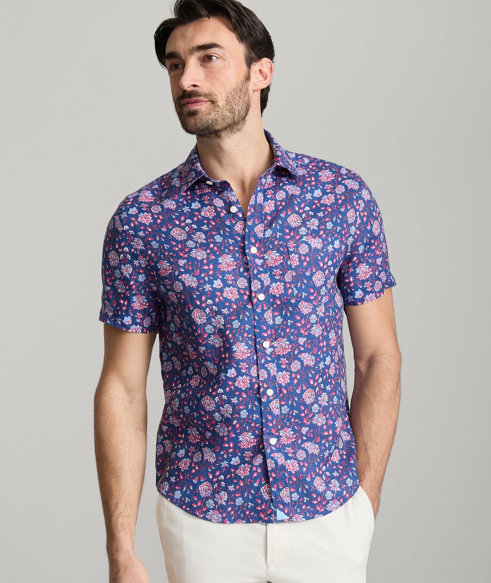Linen Short-Sleeve Scott Shirt Navy Floral Print