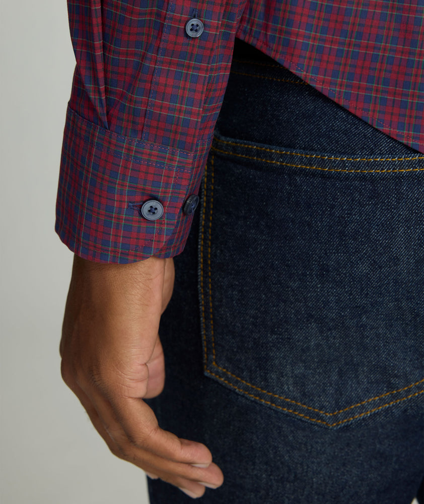 Model is wearing UNTUCKit CottonTek™ Severen Shirt	in Red & Blue Plaid.