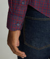 Model is wearing UNTUCKit CottonTek™ Severen Shirt	in Red & Blue Plaid.