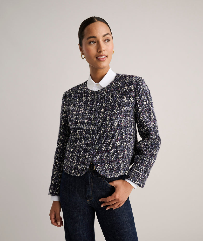 Model is wearing UNTUCKit Tweed Cropped Shay Jacket.