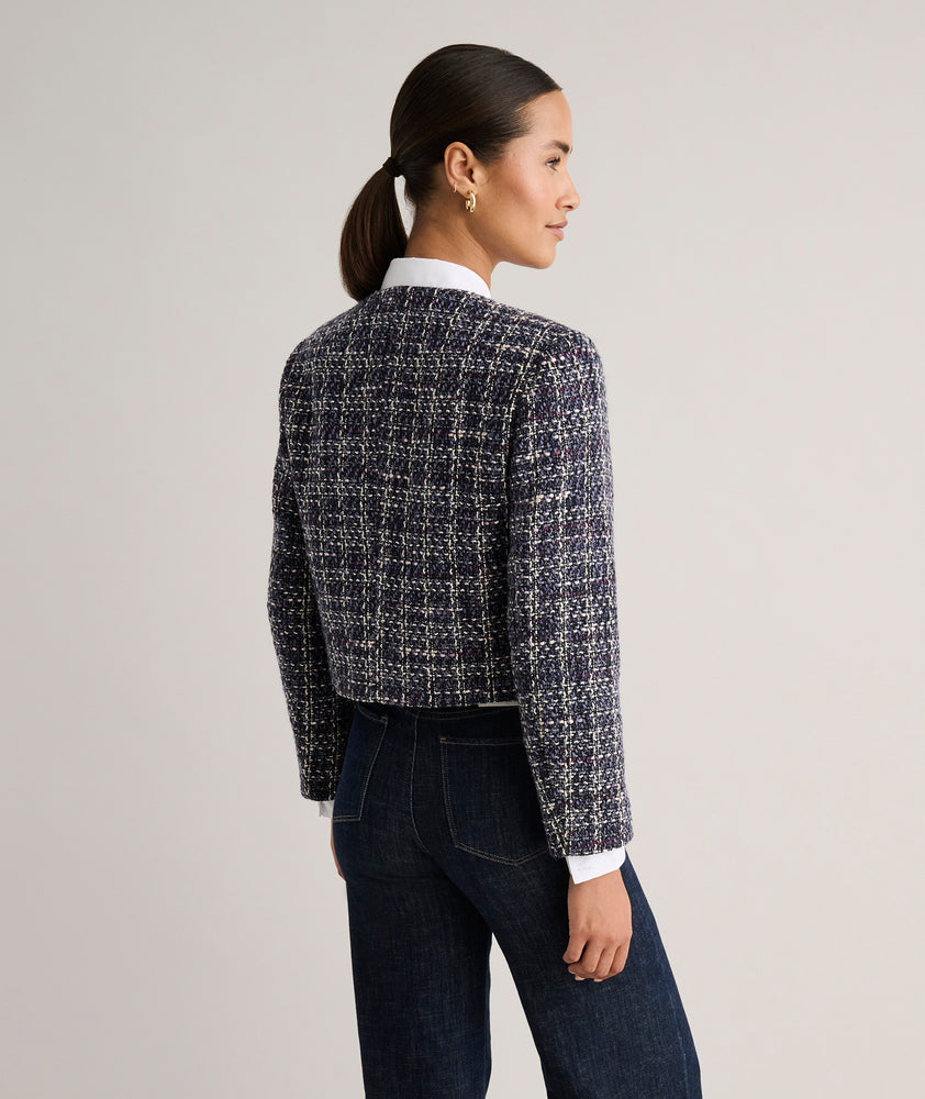 Model is wearing UNTUCKit Tweed Cropped Shay Jacket.
