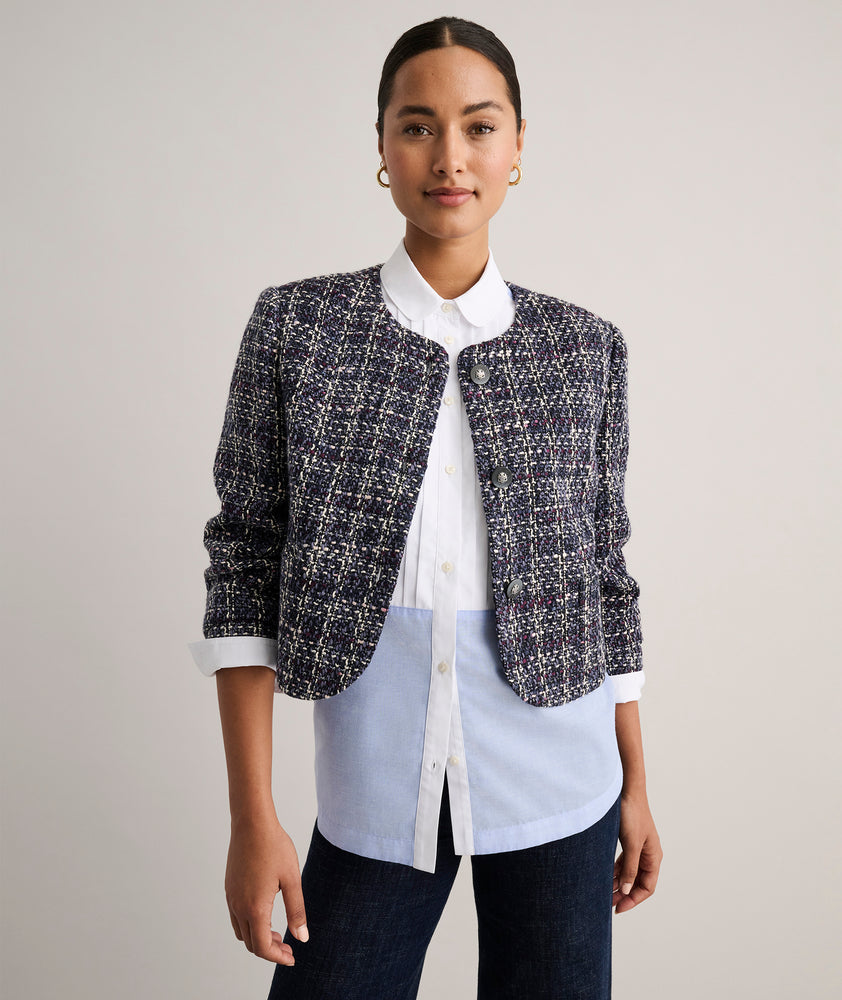 Model is wearing UNTUCKit Tweed Cropped Shay Jacket.