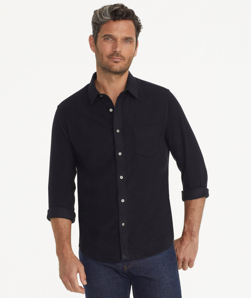 Model wearing a Black Flannel Sherwood Shirt