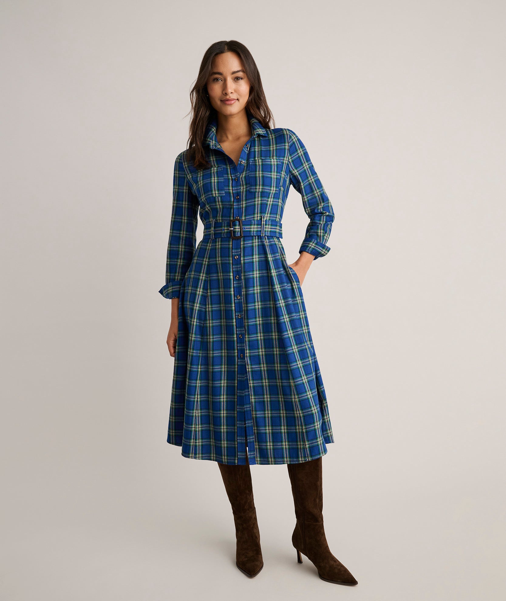 Viscose Dress Ladies Tartan Shirt Dress Untuckit Cotton Blend Sienna Shirt  Dress Final Sale Blue Multi