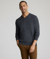Model wearing a Dark Grey Merino Wool V-Neck Sweater