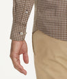 Model is wearing UNTUCKit Wrinkle-Free Steffon Shirt in Small Beech Check.