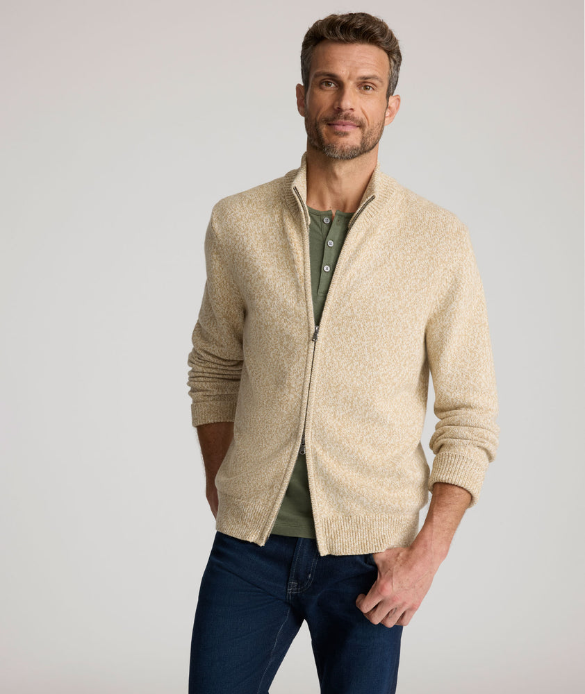 Model is wearing  UNTUCKit Sturgeon Twisted Full Zip Cardigan in Oatmeal.