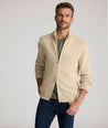 Model is wearing  UNTUCKit Sturgeon Twisted Full Zip Cardigan in Oatmeal.