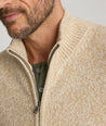 Model is wearing  UNTUCKit Sturgeon Twisted Full Zip Cardigan in Oatmeal.