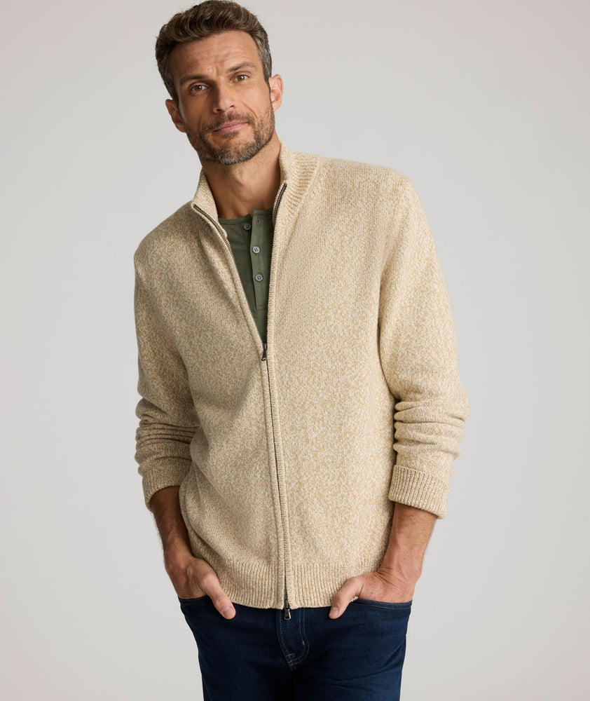 Model is wearing  UNTUCKit Sturgeon Twisted Full Zip Cardigan in Oatmeal.