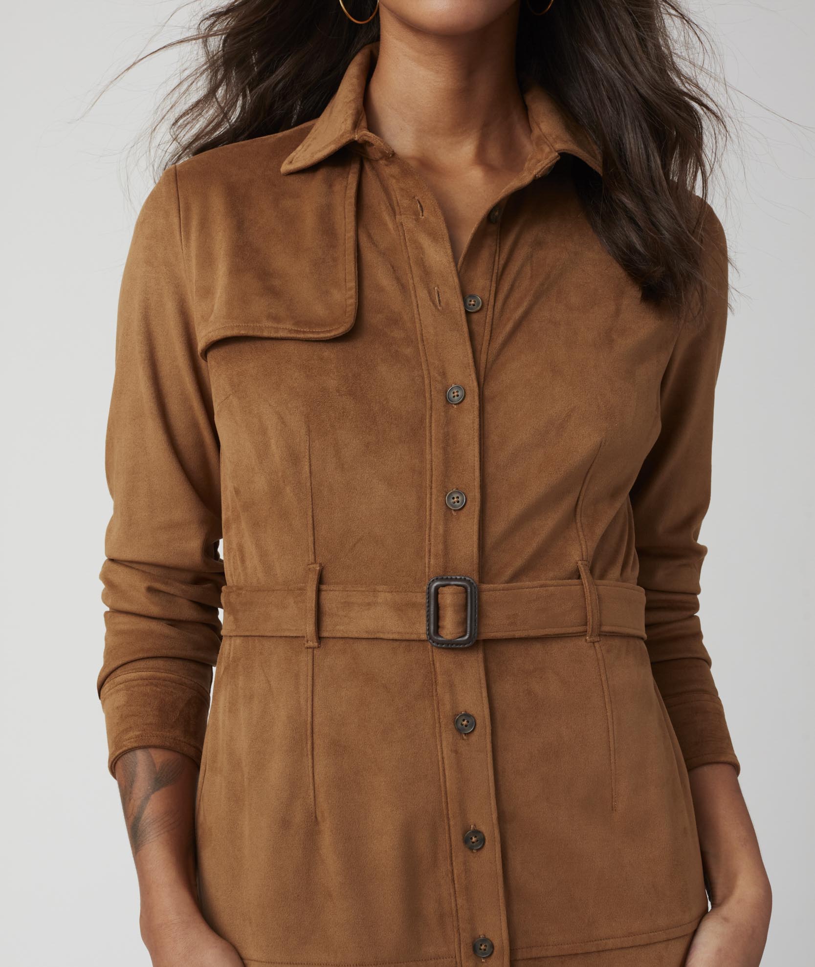 Faux Suede Belted Shirtdress Solid Brown | UNTUCKit