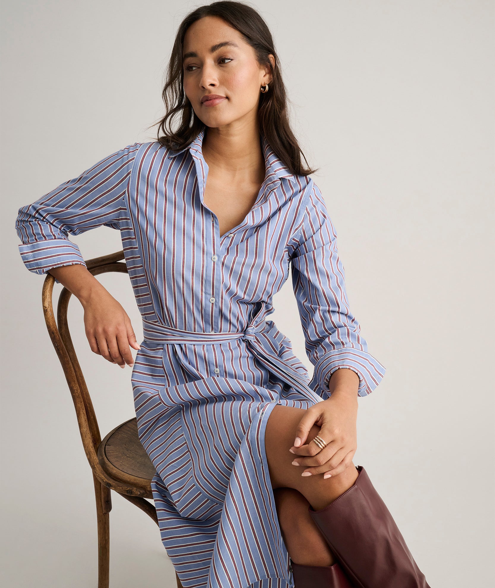 Stretch Cotton Striped Tess Shirt Dress Blue Multi Stripe