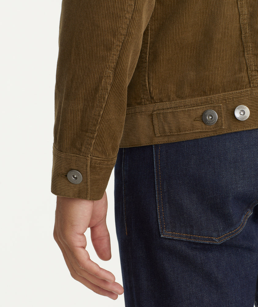 Model is wearing UNTUCKit Corduroy Reid Jacket in tan.