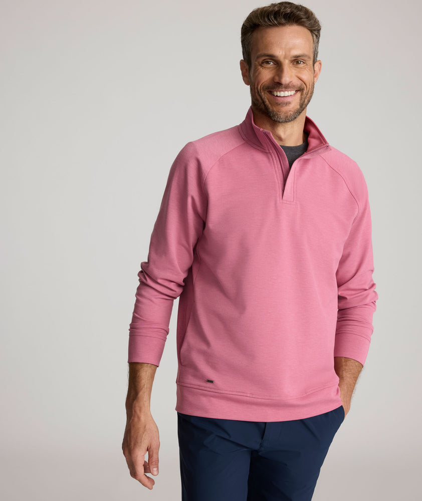 Model is wearing UNTUCKIt Toovy Performance Quarter Zip in Rose Wine.