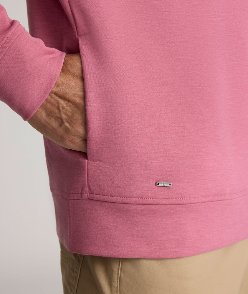 Model is wearing UNTUCKIt Toovy Performance Quarter Zip in Rose Wine.