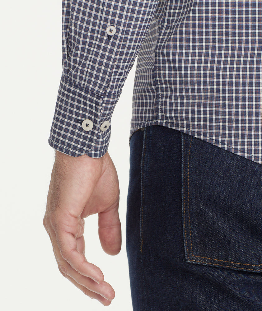 Model is wearing UNTUCKit Wrinkle-Free Performance Tully Shirt inNavy & Red Check.