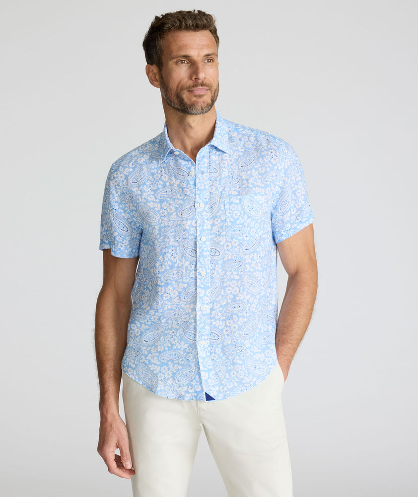 Linen Short-Sleeve Turner Shirt Blue & White Paisley Print | UNTUCKit Linen Short-Sleeve Turner Shirt Blue & White Paisley Print | UNTUCKit