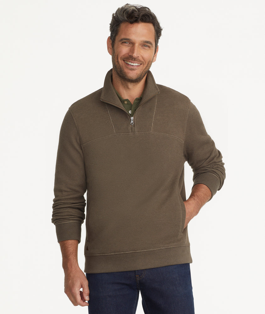 Model is wearing UNTUCKit Verzaro sweatshirt in beech.