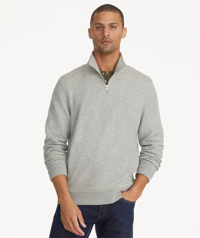 Model is wearing UNTUCKit Verzaro sweatshirt in gray.