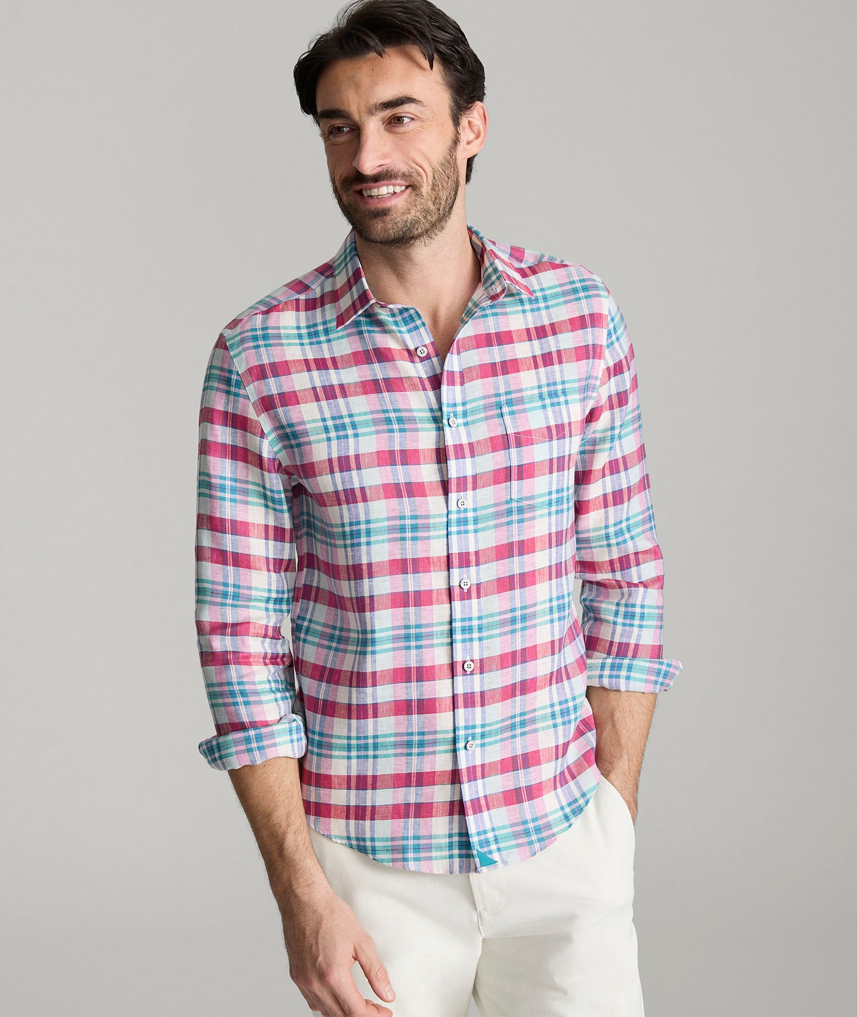 Wrinkle-Resistant Linen Wallace Shirt Red & Teal Plaid | UNTUCKit
