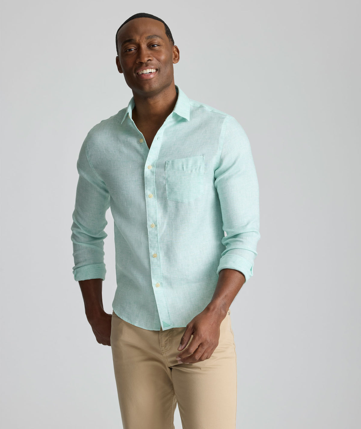 green dress shirt blue pants Wrinkle-Resistant Linen Wildehart NT_UK Cool iron when needed. Aurora in blue is Navy chinos Size:XXS/4