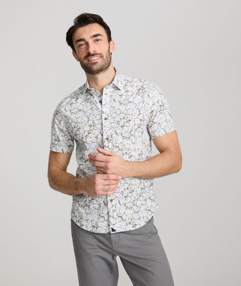 Model is wearing UNTUCKit wright short sleeve shirt. 