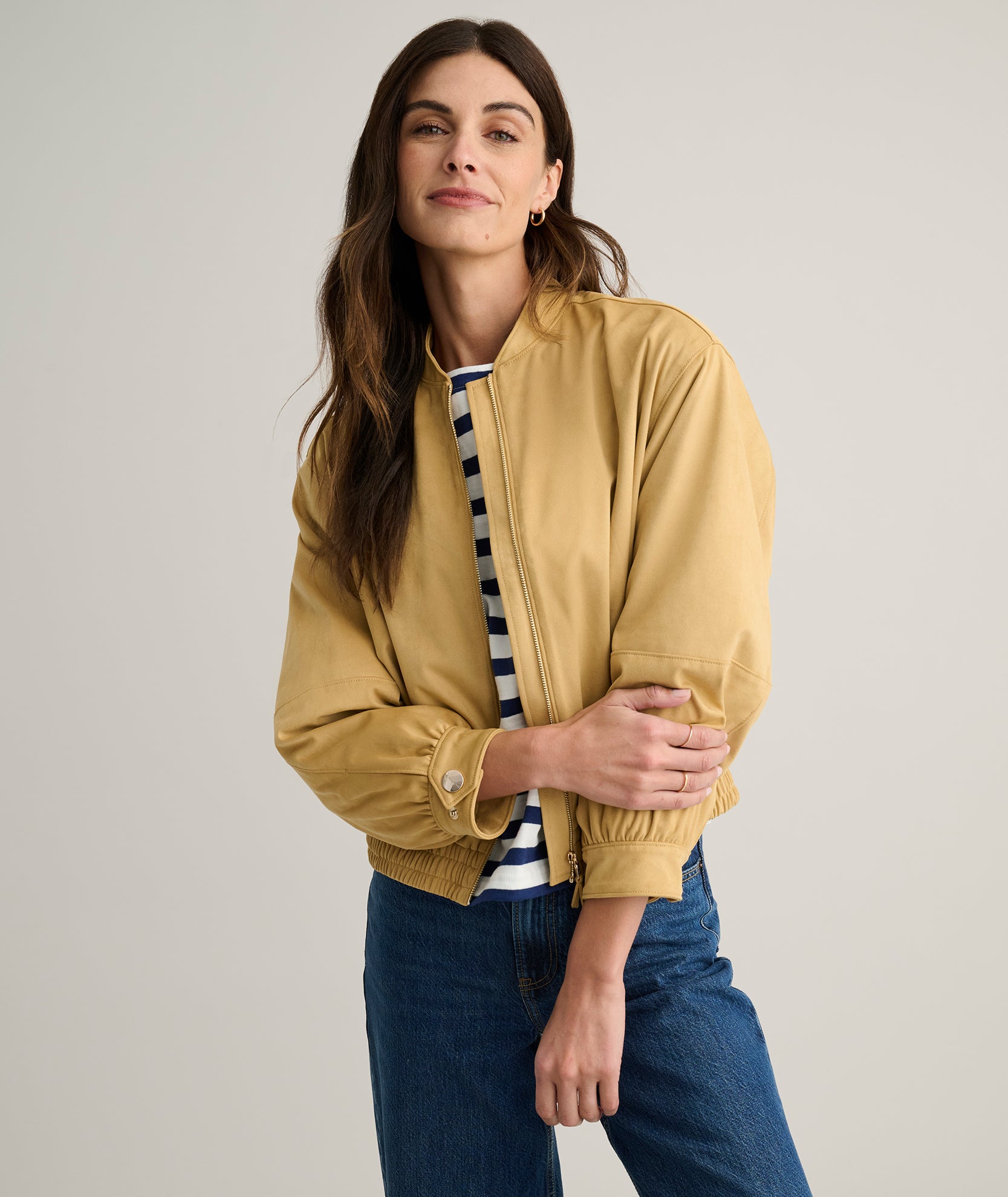 Faux Suede Zadie Bomber Jacket Tan | UNTUCKit