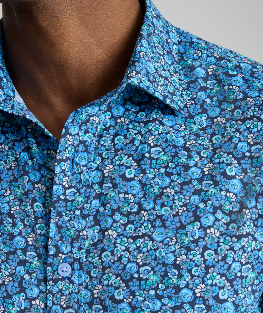 Model is wearing Performance Short-Sleeve Zamora Shirt. 