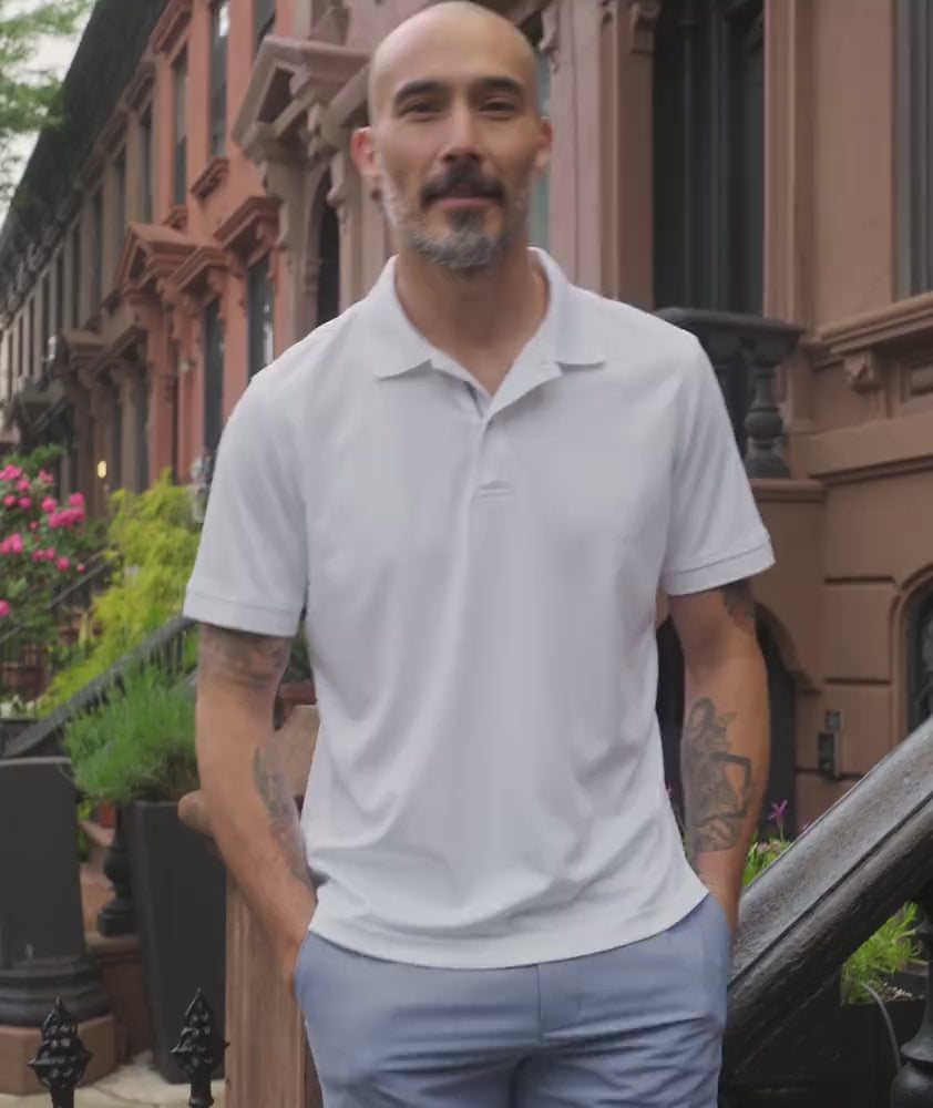 Video of model wearing a Short-Sleeve Wrinkle-Free Polo