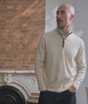 Video of model wearing a merino wool quarter-zip