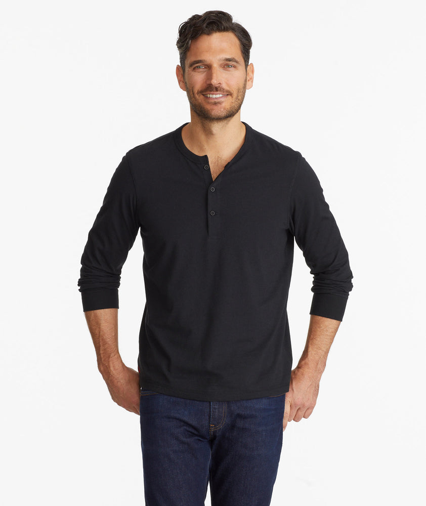 Model wearing a Black Ultrasoft Long-Sleeve Henley