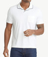 Model is wearing UNTUCKit White Tipped Johnny Collar Polo.