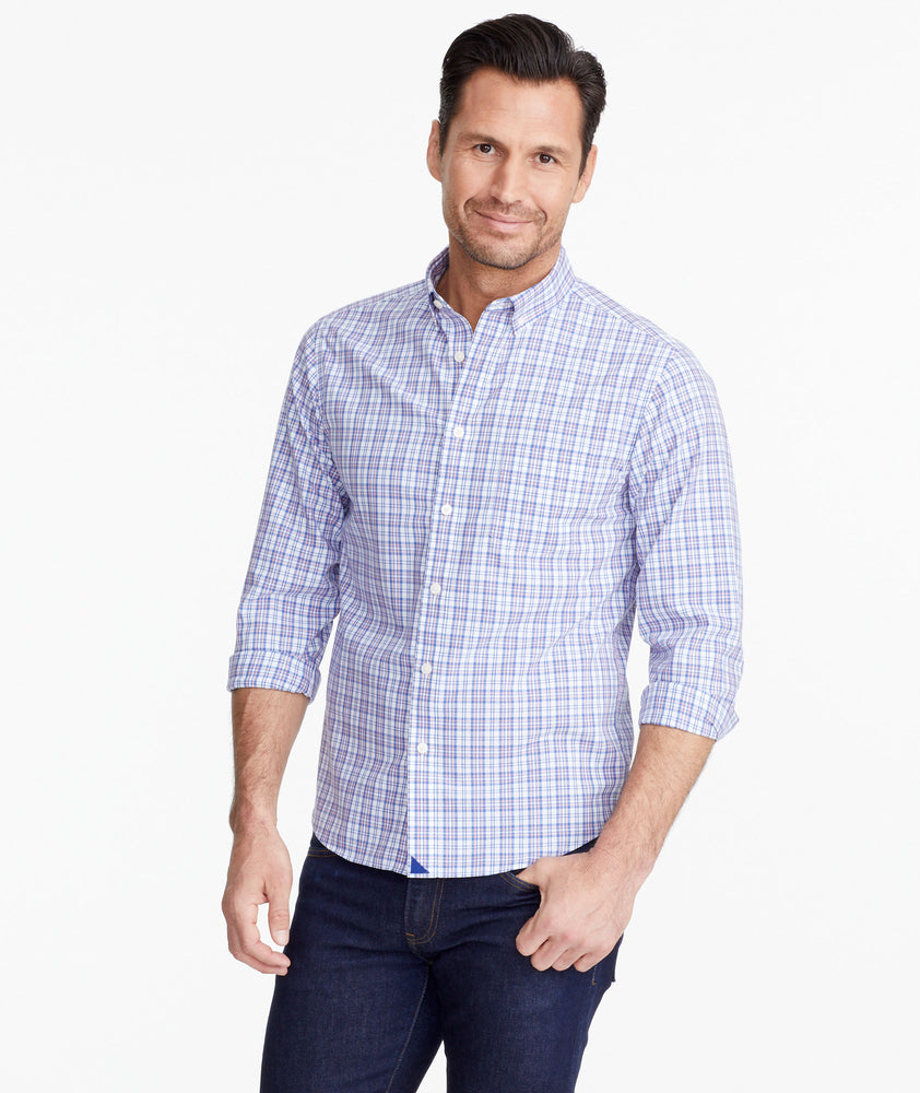 Model wearing a Blue Wrinkle-Free Andradas Shirt