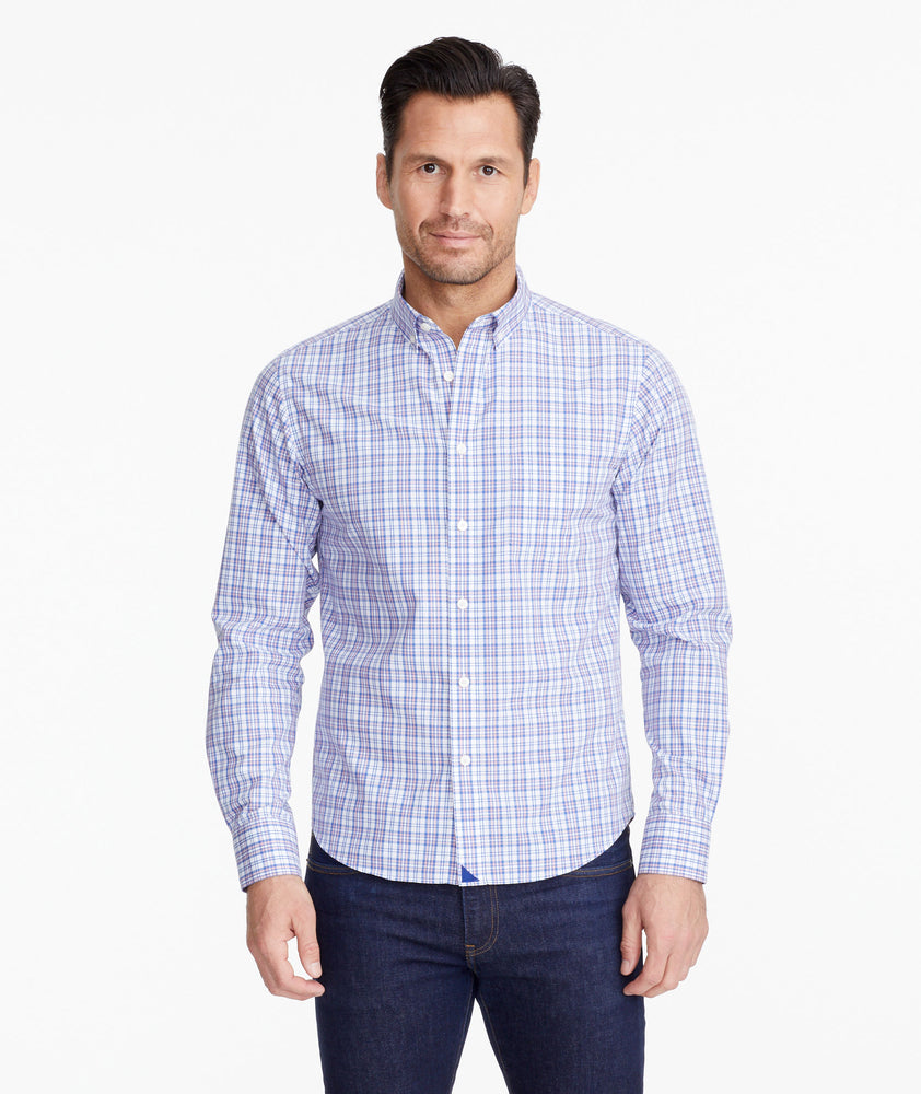 Model wearing a Blue Wrinkle-Free Andradas Shirt