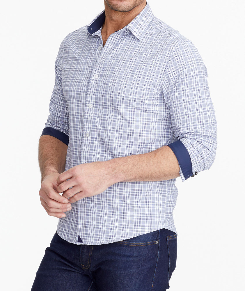 Model wearing a Navy Wrinkle-Free Performance Armand Shirt